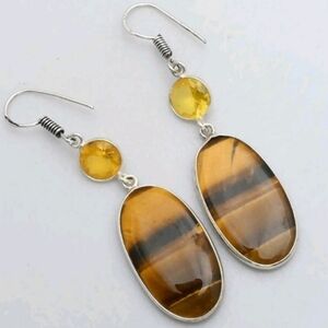 Tiger's Eye, Citrine Gemstone 925 Sterling Silver Handmade Drop Dangle Earrings